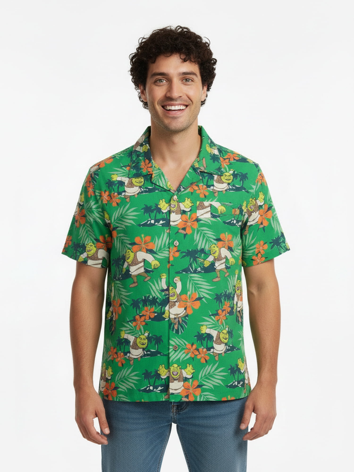 Shrek, Men's & Big Men's Graphic Button-Up Shirt, Island, Sizes S-4XL