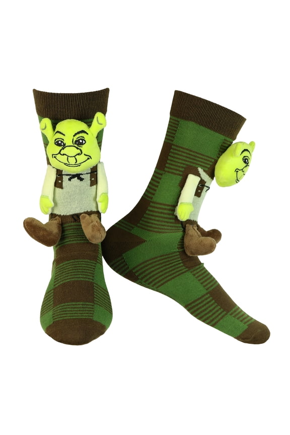 Shrek Men's Plaid Pattern Design with 3D Plush Mid-Calf Crew Socks, 1 Pair