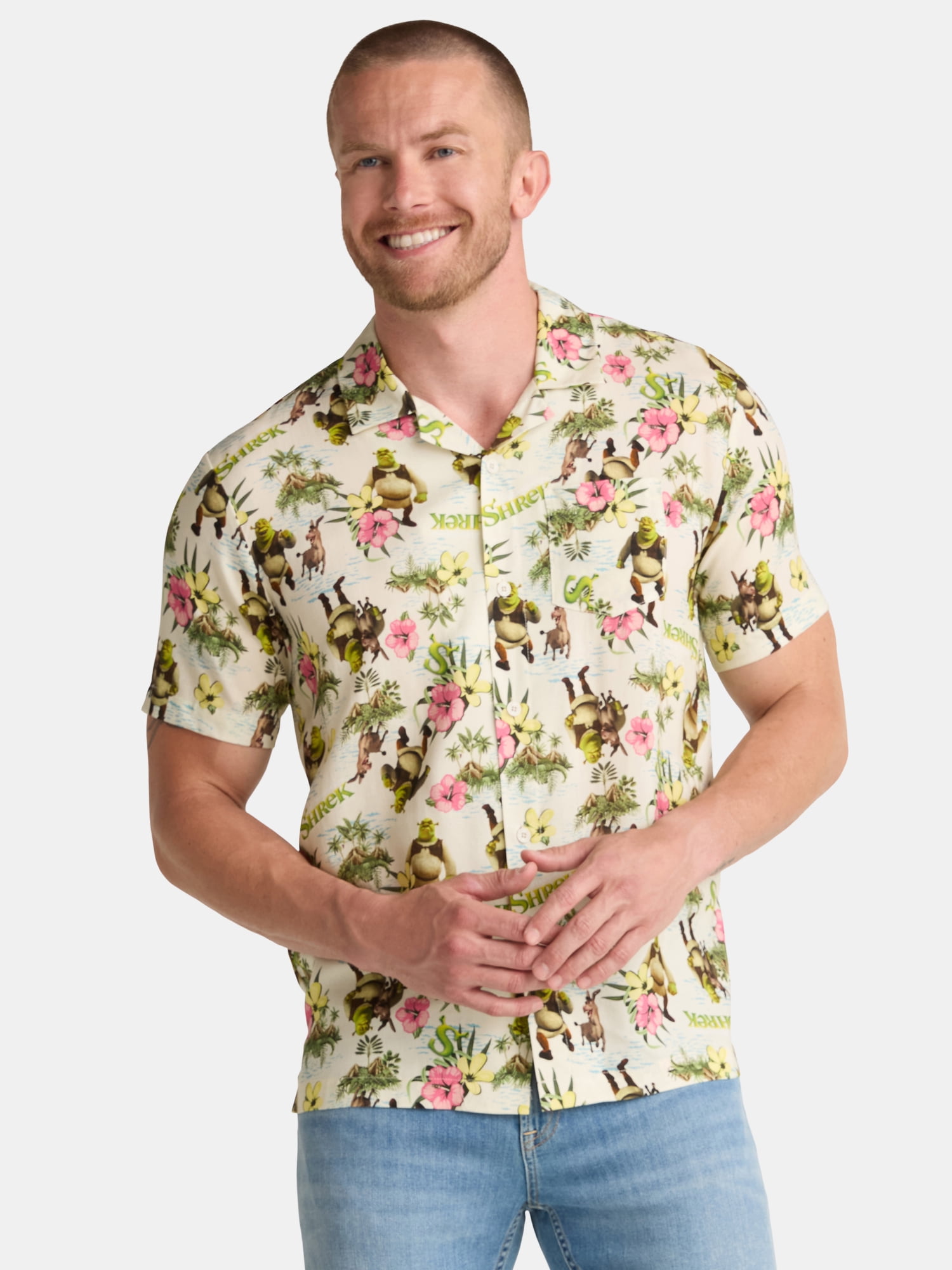 Shrek Men's and Big Men's Swamp Flowers Graphic Button Up Shirt, Sizes S-3XL