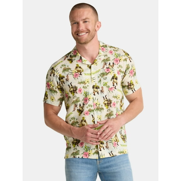 Shrek Men's and Big Men's Swamp Flowers Graphic Button Up Shirt, Sizes S-3XL