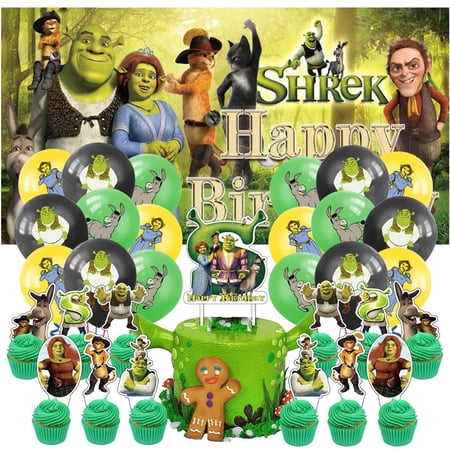 Shrek Party Supplies Decor Kit Latex Balloons Birthday Cake Topper Banner Backdrop Decorations