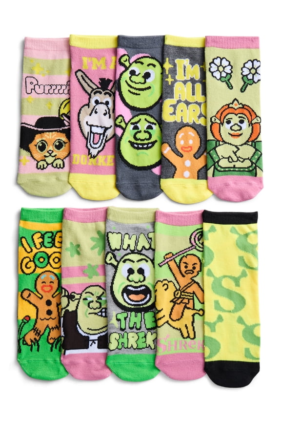 Shrek Women's Low-Cut Socks, 10-Pack, Shoe Sizes 4-10