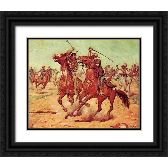 Shreyvogel, Charles 14x12 Black Ornate Wood Framed with Double Matting Museum Art Print Titled - The Duel - Tomahawk and Sabre