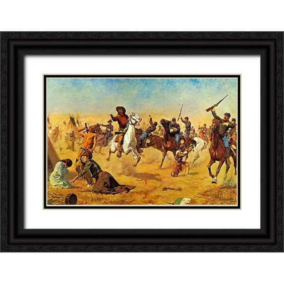 Shreyvogel, Charles 18x13 Black Ornate Wood Framed with Double Matting Museum Art Print Titled - Rescue at Summit Springs