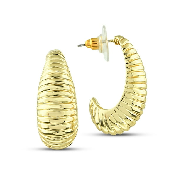 Shrimp C-Hoop Earrings, 14K Gold Plated Croissant Earrings 26mm - Stripped Moon Earrings, Large Stud Earrings, Elegant Jewelry Gift for Women