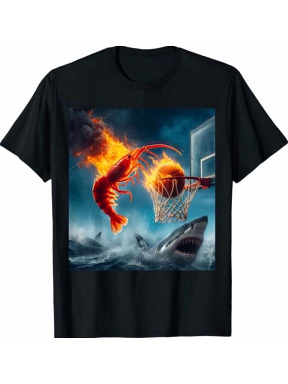 Shrimp Dunking On Shark Graphic Design For Everyday Style T-Shirt, Size S-5XL