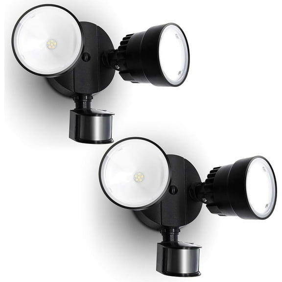 Shrimp P6221B-PIR24 2000 Lumen 18 Watt 26 LED Motion Activated Integrated Dual-Head Floodlight Outdoor, IP54 Waterproof Exterior Security Wall Light for Patio, Garden, Yard - Black, 2 Pack