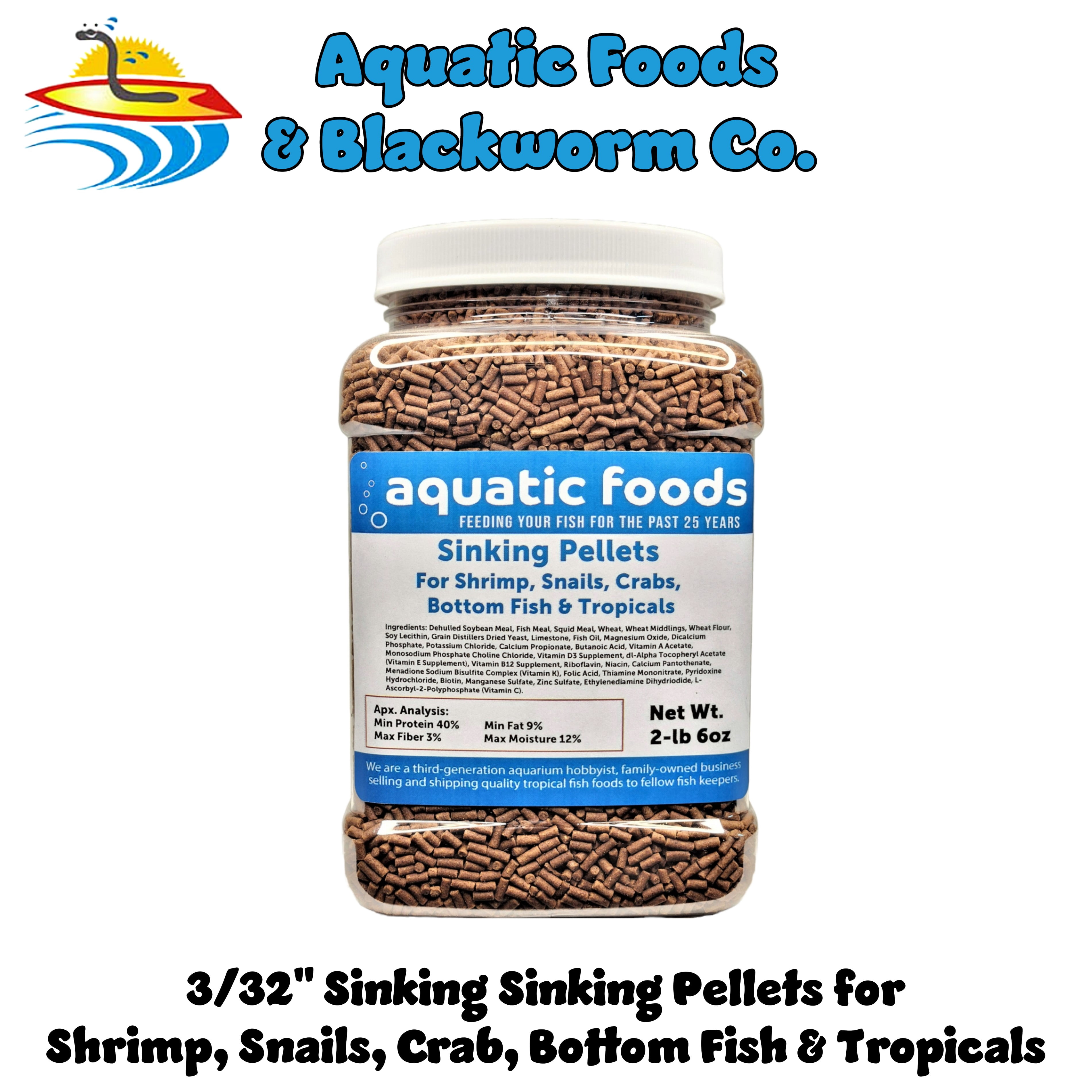 Shrimp Pellets, 40% Protein Sinking Pellets, 1/16" x 3/8" Pellets for Shrimp, Snails, Crabs, Catfish, Plecos for All Tropical Fish, Pellets by Zeigler…2-lb 6oz Med Jar