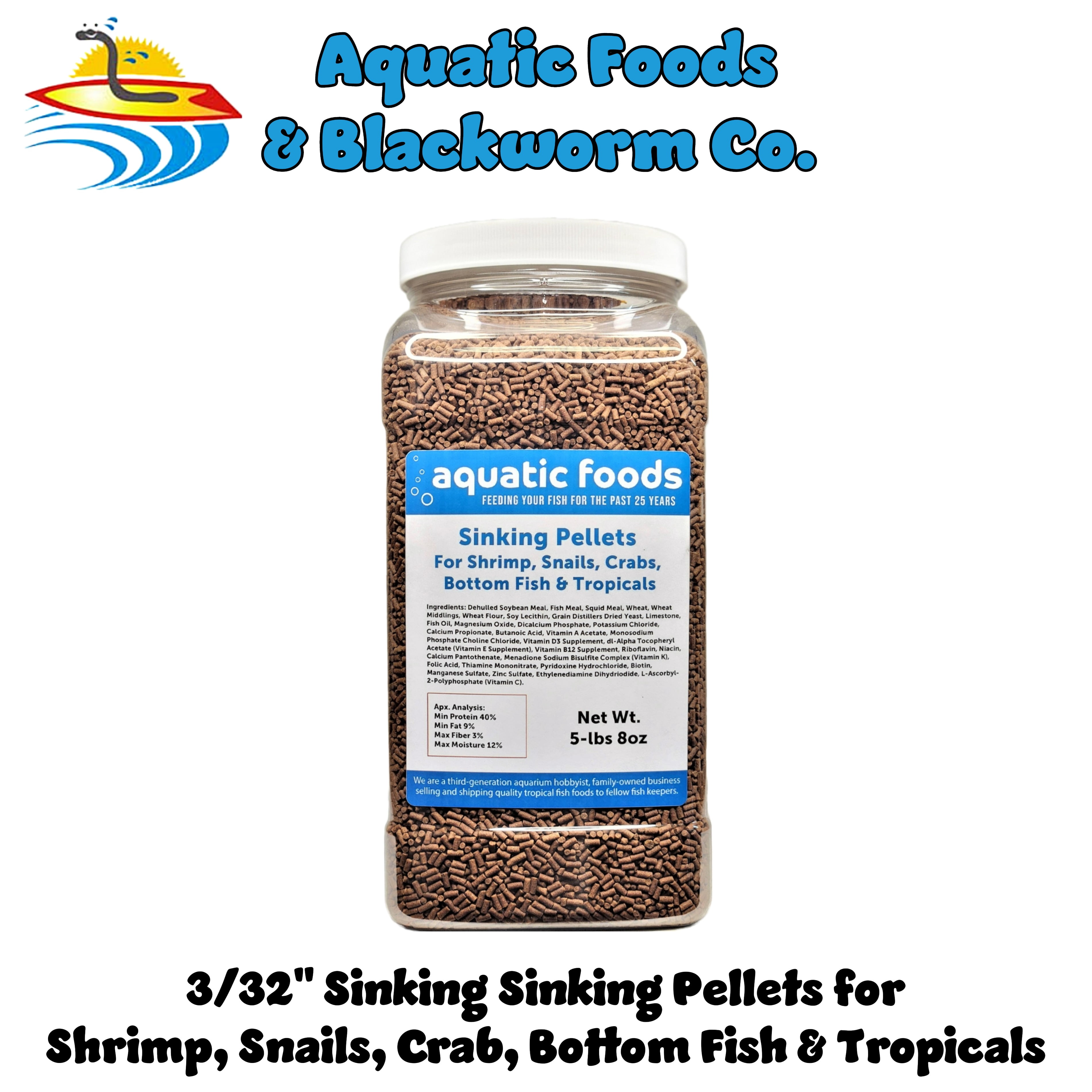 Shrimp Pellets, 40% Protein Sinking Pellets, 1/16" x 3/8" Pellets for Shrimp, Snails, Crabs, Catfish, Plecos for All Tropical Fish, Pellets by Zeigler…5-lb 8oz Lg Jar