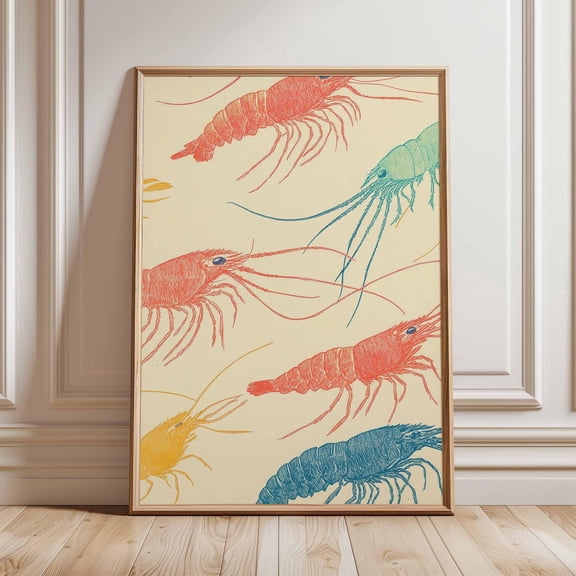 Shrimp Poster, Coastal Kitchen Wall Art, Nautical Seafood Print, Colorful Lobster Illustration, Ocean Marine Artwork, Beach House, Decor, Unfreamed 8x12