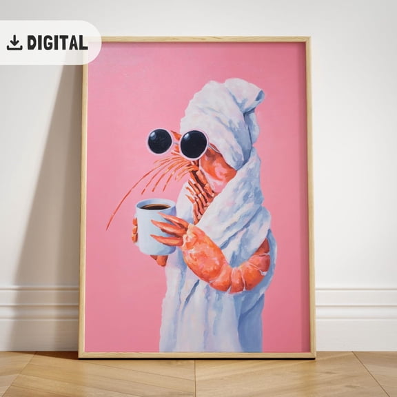 Shrimp Poster, Vibrant Seafood Dining Decoration, Whimsical Girly Kitchen Decor, Dopamine Wall Art, Unframed Poster Size 8x12