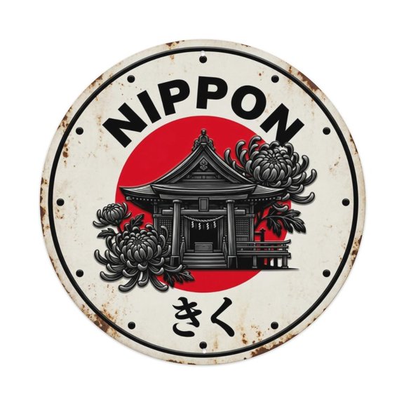 Shrine Chrysanthemum Nippon Sacred Flower Weathered Vintage Metal Tin Sign Plaque Wall Decor for Cafe, Club, Garden Round Metal Poster 8x8Inch