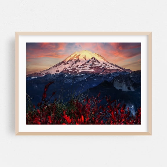Shriner Peak Autumn, Mt. Rainier  - Washington Photography Mountain Sunset Nature Landscape Snow Scenic Autumn Oak Framed Wall Art Print 5 x 7 inches
