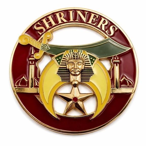 Shriners Car Emblem 3 Inch Round Masonic Auto Badge with Gold & Red Enamel Freemason Shriner Symbol Vehicle Decal Emblem