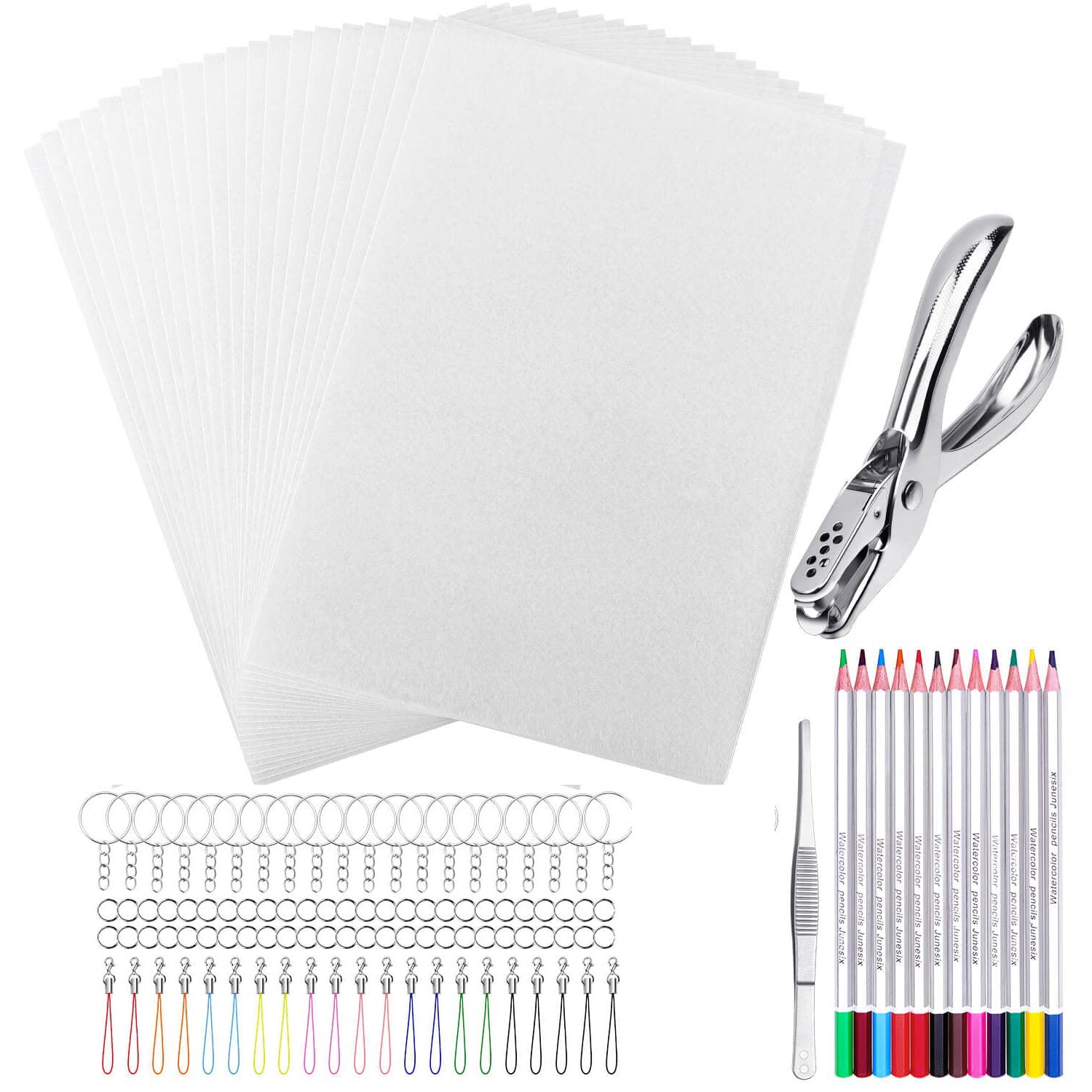 Shrink Dink Sheet Kit, Shynek 124 Piece Heat Shrinkable Plastic Sheet Kit, Includes 20 Piece Shrink Art Paper, Hole Punch, Pencil, Keychain, Tweezers, Craft and Keychain