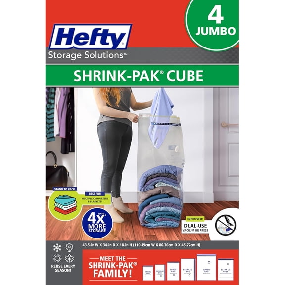 Shrink-Pak Vacuum Storage Bags  For Clothes, Pillows, Towels, Blankets & More  Space Saver Vacuum Suction Sealer Bags for Home or Travel  4 Jumbo Cubes, 43.5 x 34 x 18 Inches