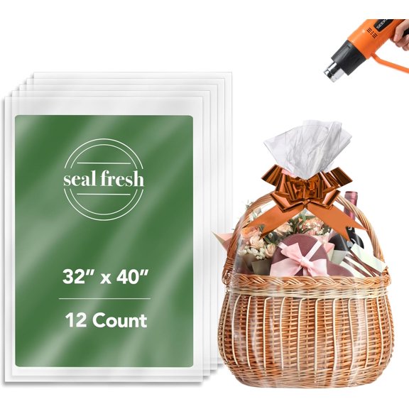 Shrink Wrap Gift Bags 32 x 40 Inch (12 Pack)  Clear PVC Wrap Bags for DIY Gifts, Holiday Packaging, Party Favors (Ribbon & Base Not Included)