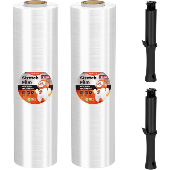 Shrink Wrap, Stretch Wrap with Handles, Stretch Film Roll Industrial Strength, Plastic Wrap for Pallet Wrapping Shipping Moving, 15 Inch x 1000 Ft, 2 Pack, 60 Gauge