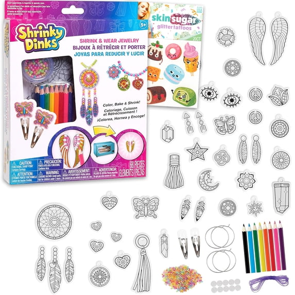 Shrinky Dinks Jewelry Set for Kids - Bundle 68 Piece Jewelry Kit of Beads, Elastic String and Earring Hoops, More | Shrinky Dinks Jewels for Girls
