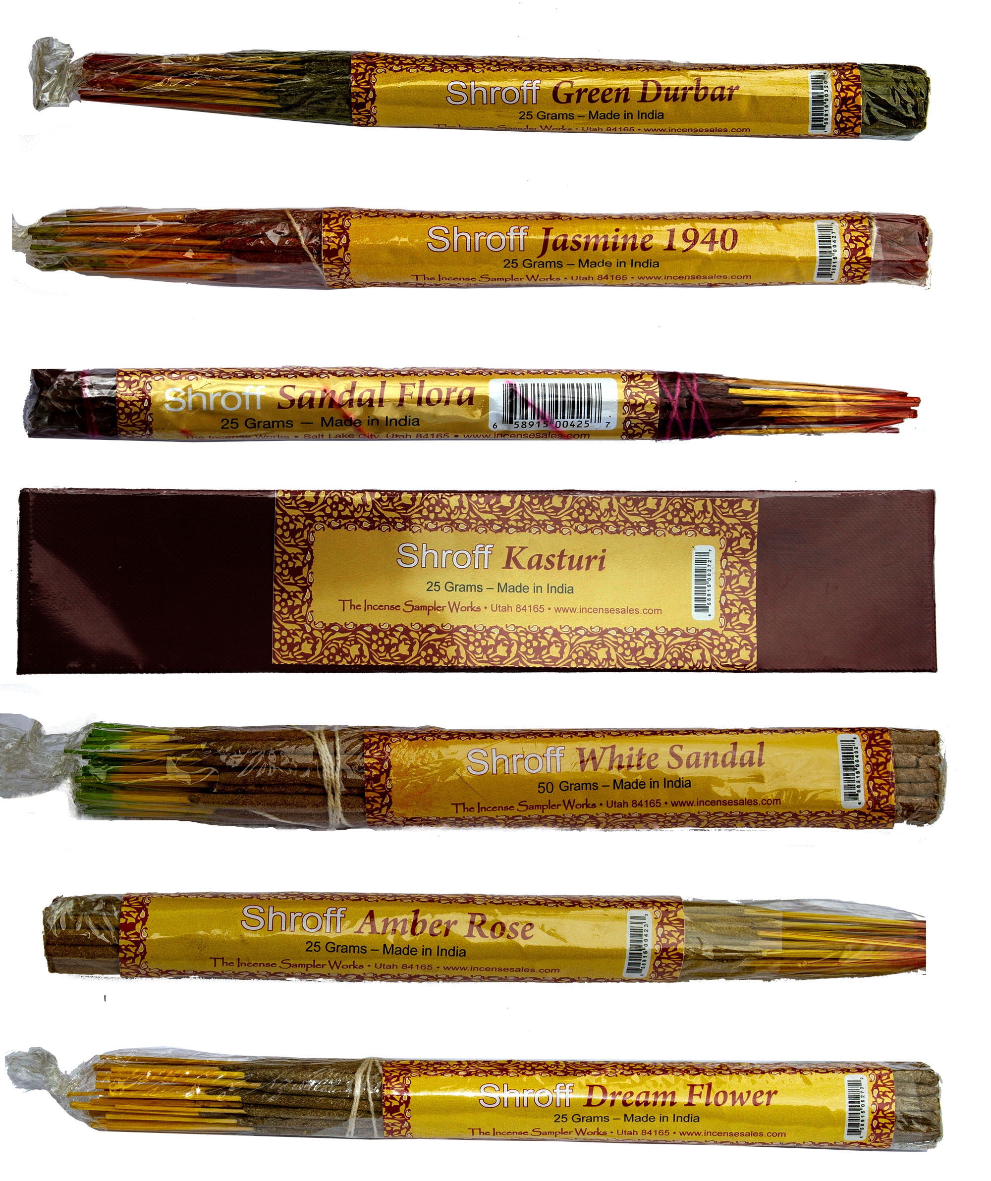 Shroff Incense Combo Pack - 7 Scents - Amber Rose - Dream Flower - Green Dunbar - Jasmin 1940 - Kasturi - Sandal Flora - White Sandal
