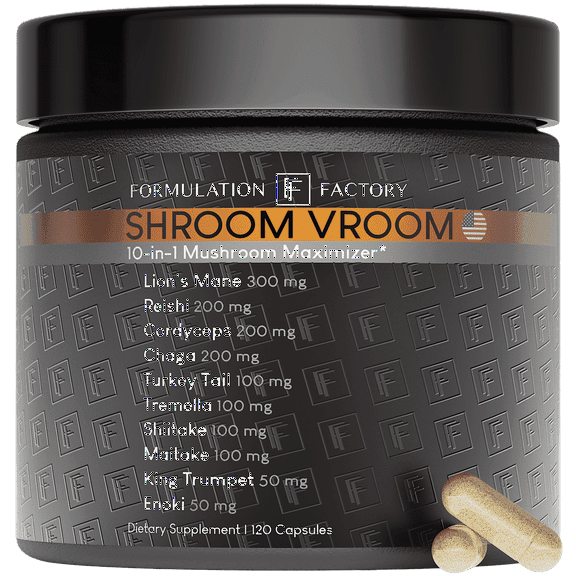 Formulation Factory Shroom Vroom Mushroom Supplement, 10-in-1 Mushroom Maximizer with Lions Mane & Reishi, 120 Capsules, 2-Month Supply