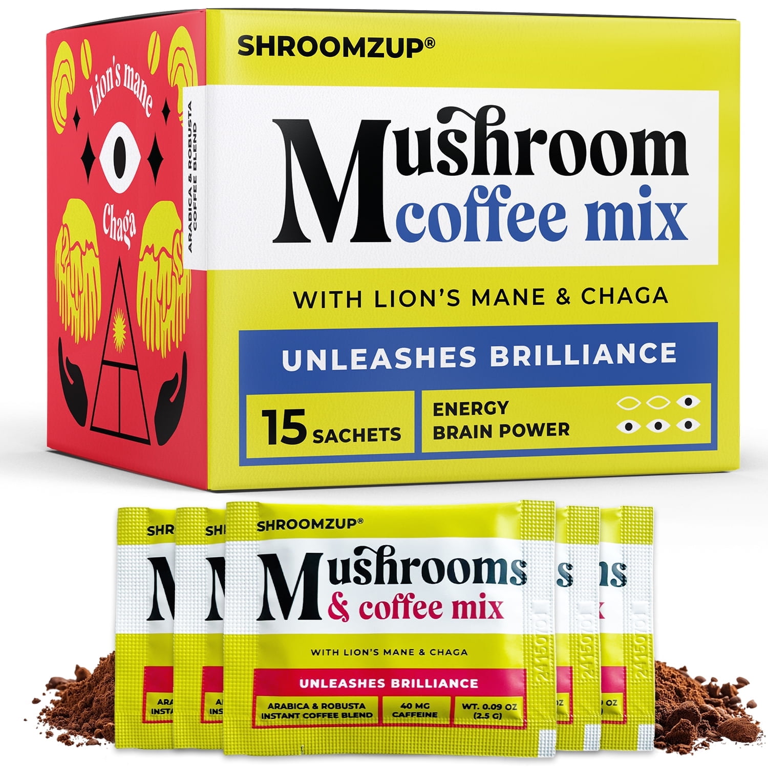 ShroomzUp Instant Mushroom Coffee with Lions Mane and Chaga - 15 Pack -
