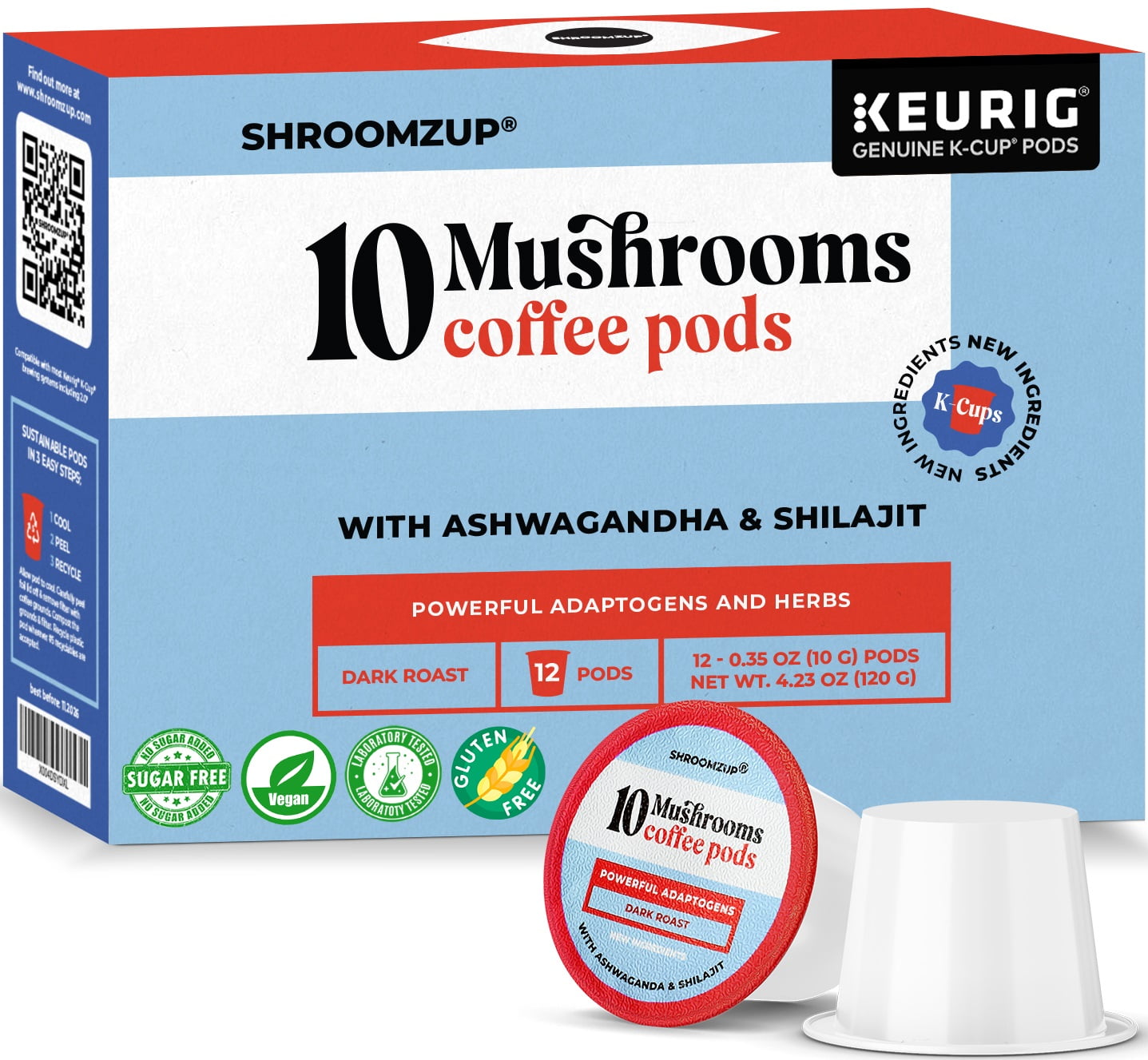 Shroomzup Mushroom Coffee K Cups 12 Pods - 10 Mushroom Coffee with Ashwagandha and Shilajit - Dark Roast Single Serve K-Cup Pods