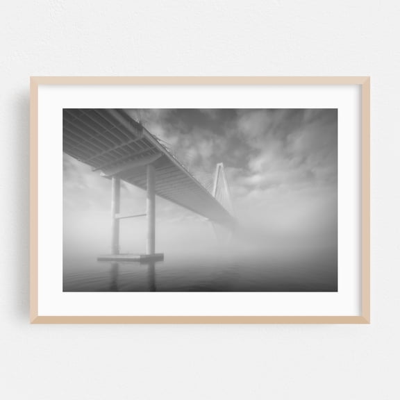 Shrouded Arthur B&W - Charleston South Carolina Photography Bridge Architecture Black and White Minimalist Coastal Scenic Oak Framed Wall Art Print 5 x 7 inches
