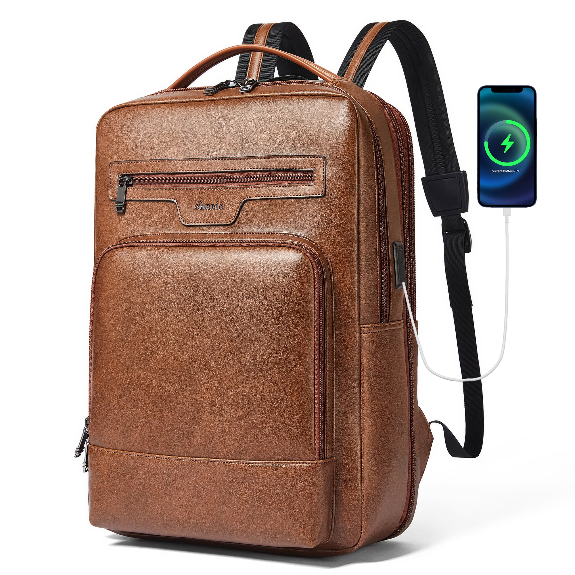 Shrrie Leather Laptop Backpack for Women and Men,28 L Travel Backpack Computer Bag Fits 16 inch Laptop,Expandable Casual Daypack with USB Charging Port for Work Business Weekender College