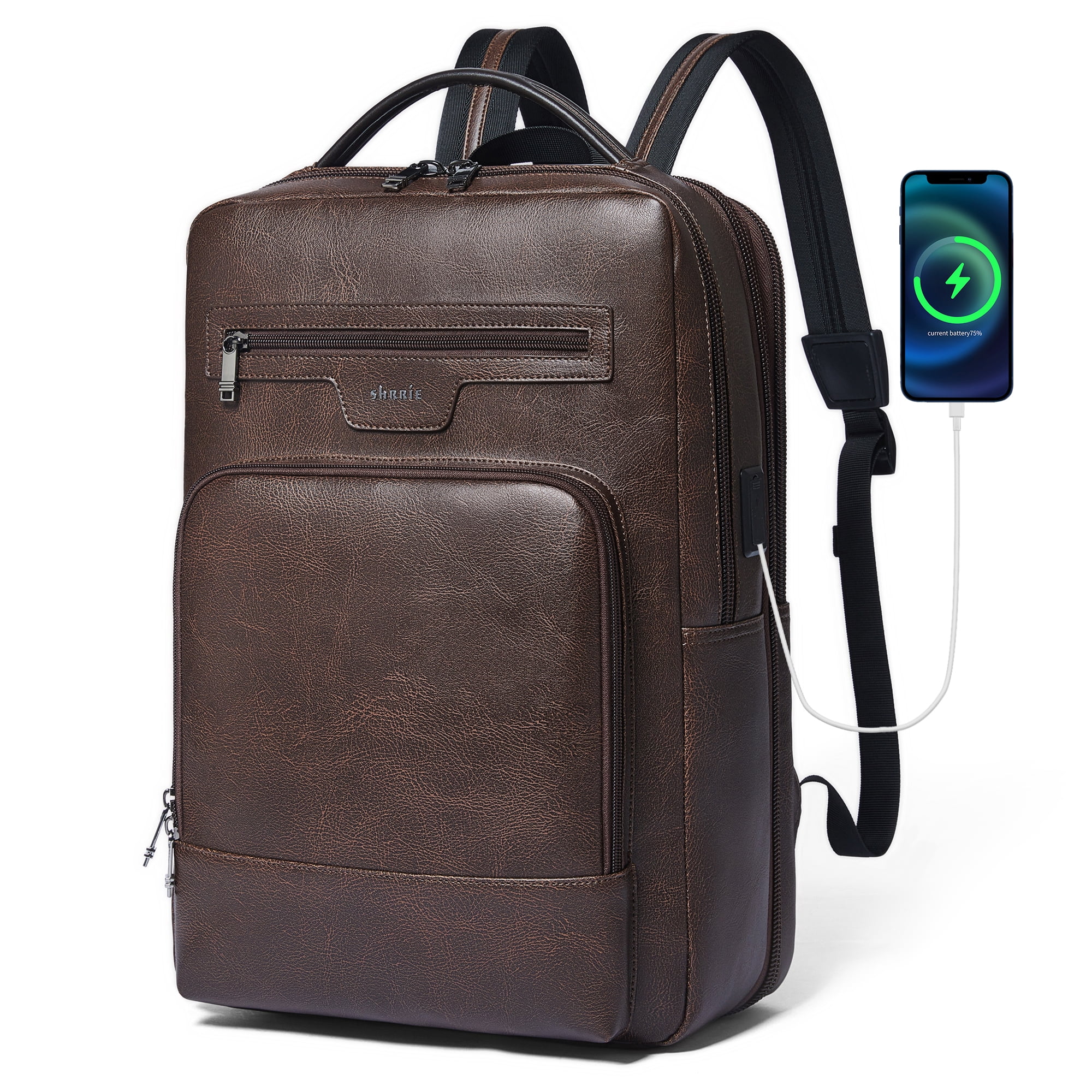 Shrrie Leather Laptop Backpack for Women and Men,28 L Travel Backpack Computer Bag Fits 16 inch Laptop,Expandable Casual Daypack with USB Charging Port for Work Business Weekender College