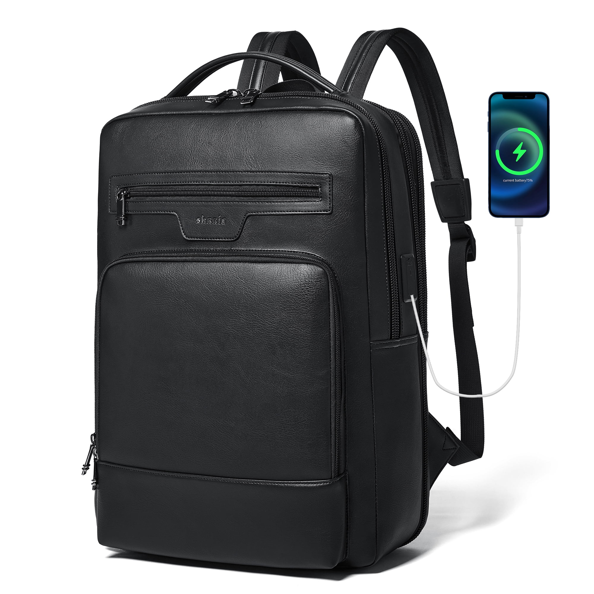 Shrrie Leather Laptop Backpack for Women and Men,28 L Travel Backpack Computer Bag Fits 16 inch Laptop,Expandable Casual Daypack with USB Charging Port for Work Business Weekender College