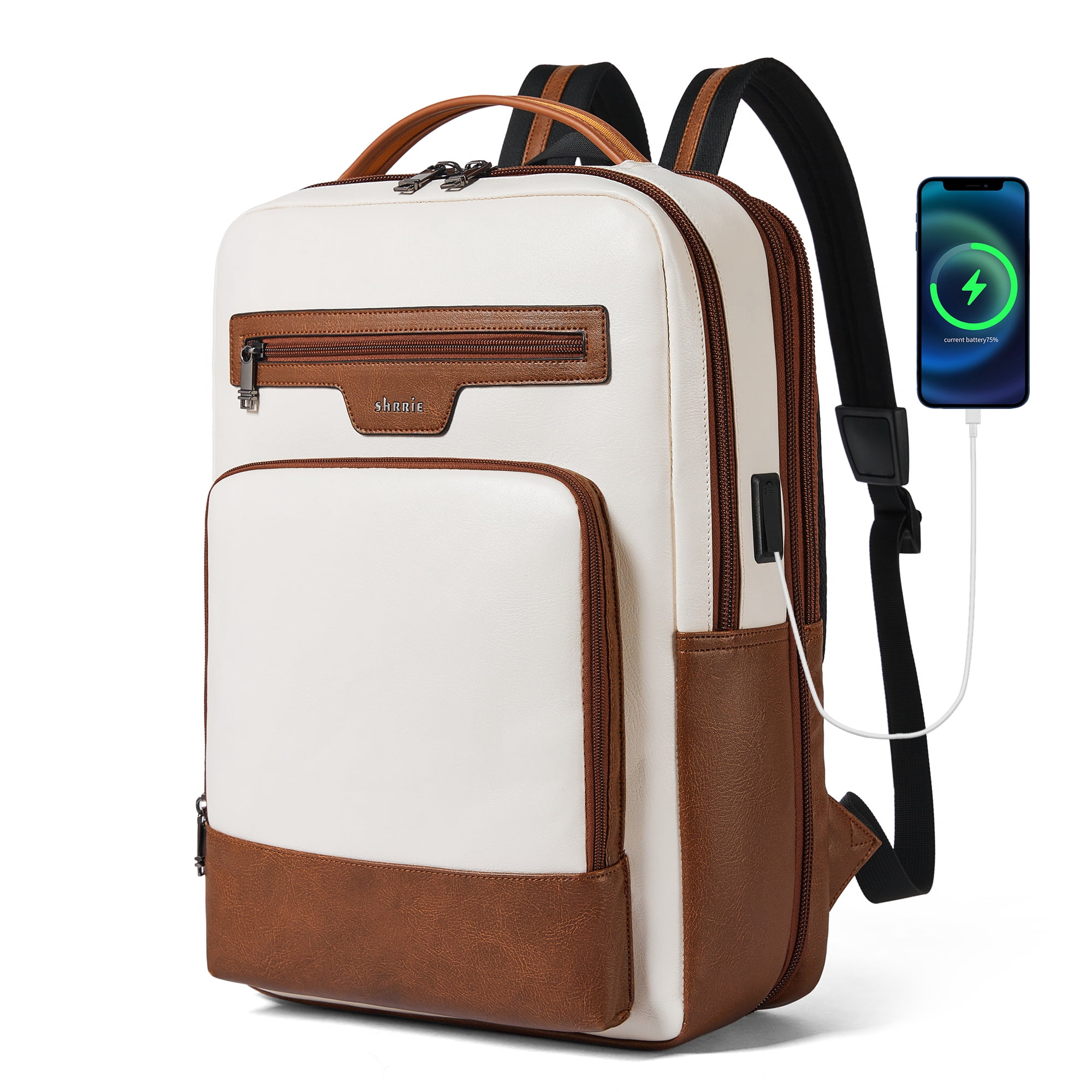 Shrrie Leather Laptop Backpack for Women and Men,28 L Travel Backpack Computer Bag Fits 16 inch Laptop,Expandable Casual Daypack with USB Charging Port for Work Business Weekender College