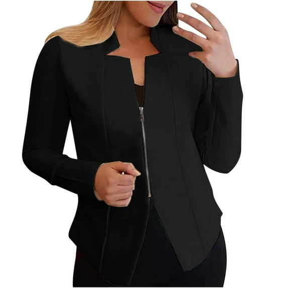 Shrugs for Evening Dresses Women's Zipper Blazer Long Sleeve Open Front Cardigan Jackets Business Solid Color Elegant Cropped Coats Black M