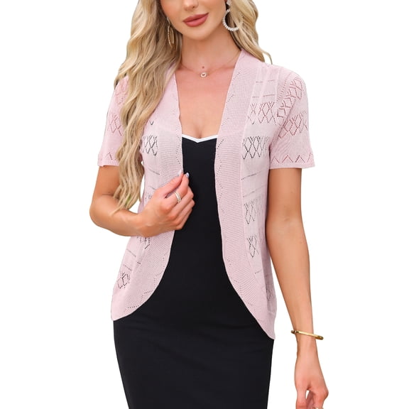 INSPIRE CHIC Shrugs for Women 2026 Summer Lightweight Short Sleeve Sheer Bolero Shrug Top Crochet Open Front Cardigan XL Light Pink