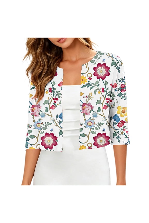 Shrugs for Women 3/4 Sleeve Cropped Cardigan Floral Printed Boho Lapel Open Front Lightweight Bolero Clothes
