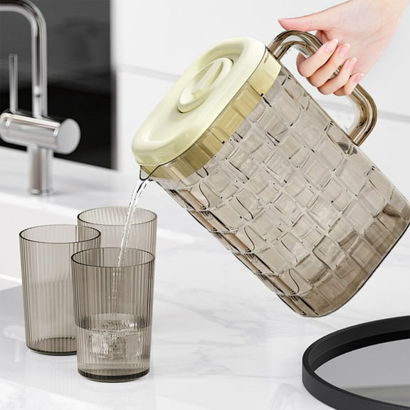 Shrysg 2L/Gallon Dishwasher-Safe Transparent Plastic Beverage Pitcher - 8.26x7.48x3.74 Inches - Beige - Ribbed Design with Lid & Handle - Perfect for Home, Bar, Restaurant