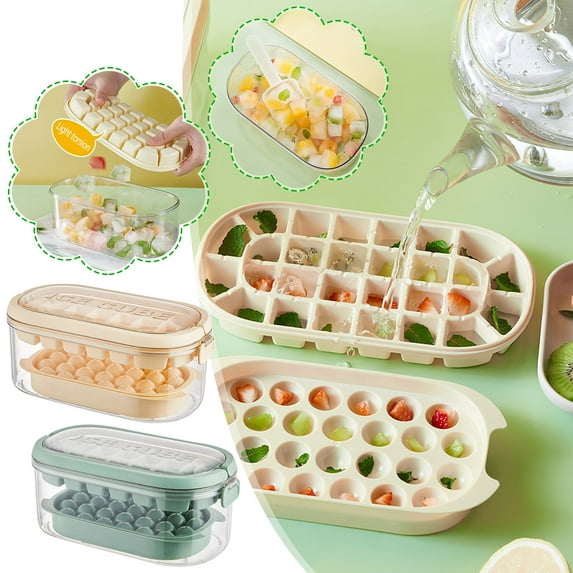 Shrysg Ice Cube Tray Set with Non-Spill Lid - Versatile Ice Maker Kit Including Square & Round Trays,1 Ice Storage Box,28 Compartments,and an Ice Scoop for Freezer Convenience
