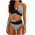 thumbnail image 1 of Shrysg Women's 2 Piece Swimsuits Casual Striped High Cut Wrap Front Bikini High Waisted Bottom Tummy Control Bathing Suits Summer Beach Swimwear Black, 1 of 9