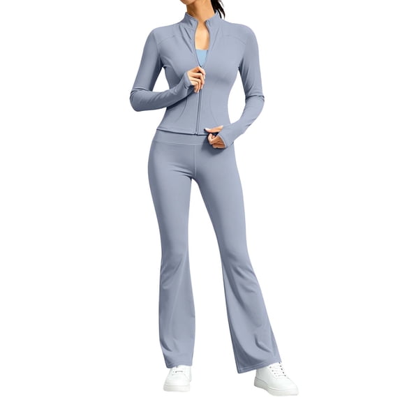 Shrysg Women's 2 Piece Yoga Set Zip Up Jacket and High Waisted Flare Pants Long Sleeve Athletic Workout Outfits Gym Running Tracksuit Blue
