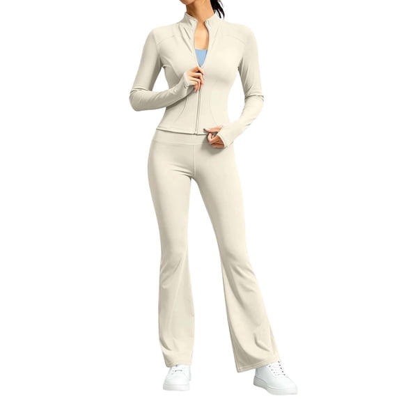 Shrysg Women's 2 Piece Yoga Set Zip Up Jacket and High Waisted Flare Pants Long Sleeve Athletic Workout Outfits Gym Running Tracksuit White