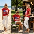 thumbnail image 1 of Shrysg Women's American Flag Patriotic Knit Sweater Tops Casual Loose Short Sleeve Lightweight Shirts Breathable Pullover for 4th of July Red, 1 of 6