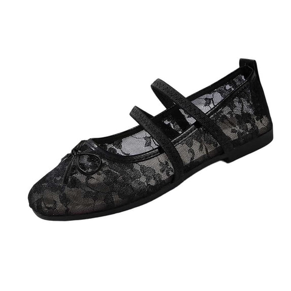 Shrysg Women's Ballet Flats Lace Mesh Mary Jane Shoes Double Criss-Cross Straps Bow Round Toe Slip-On Comfortable Casual Dressy Flat Shoes Black