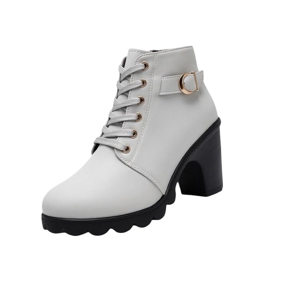 Shrysg Women's Casual Ankle Boots with Side Zipper Thick Mid Heels Lace Up Buckle Platform Shoes Comfortable Fashion Footwear Dark Gray