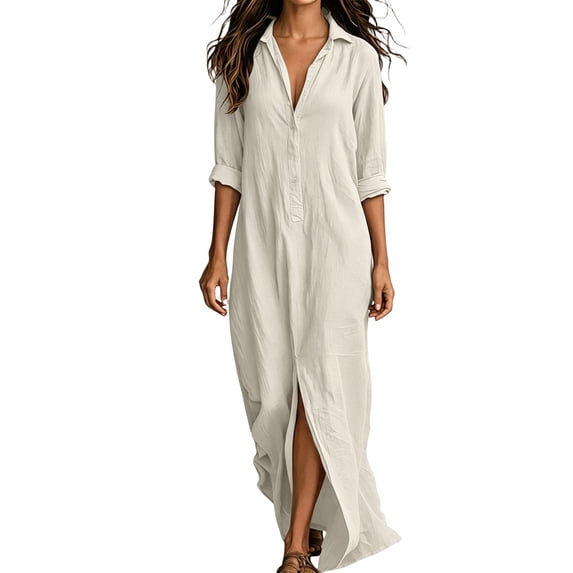 Shrysg Women's Casual Button Down Flowy V Neck Shirt Maxi Dress with Long Sleeve White