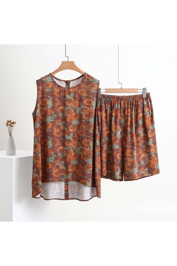 Women's Casual Short Sleeve Button Print Set Round-Neck Comfy Summer Outfit Regular Fit Lightweight Brown