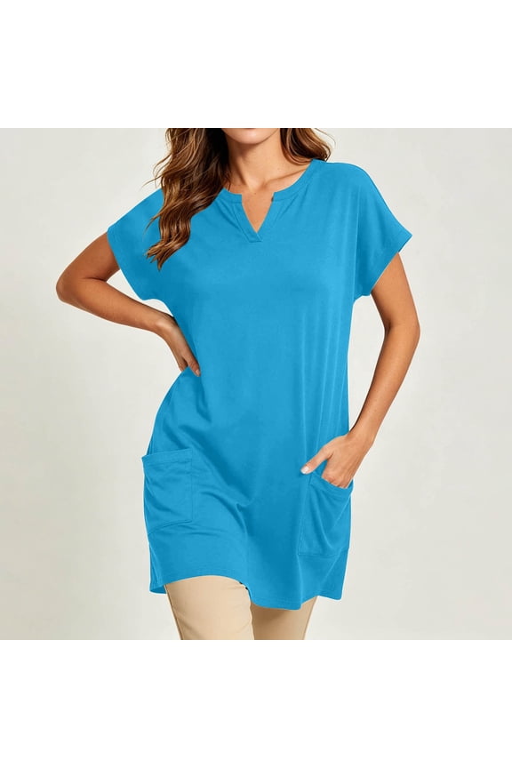 Women's Casual V Neck Top Extra Long Short Sleeve Solid Color T-Shirt with Double Pockets Loose Fit Polyester for Daily Wear Blue