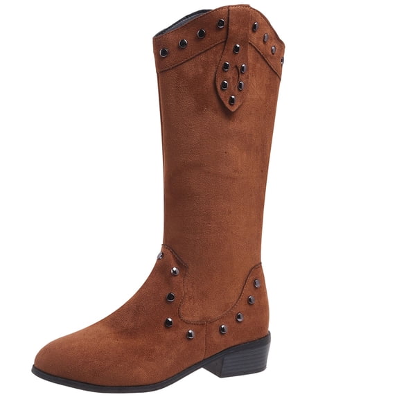 Shrysg Women's Cowboy Knee High Riding Boots Faux Leather Pointed Toe Thick Low Heel Side Zipper Western Boots for Fall Winter Brown