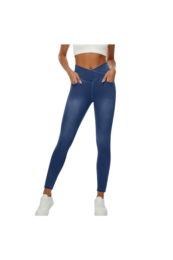 Women's Denim-like Trousers High Waisted Stretchy Cross Tummy Skinny Jean Leggings Trendy Elastic Length Pants False Jeans