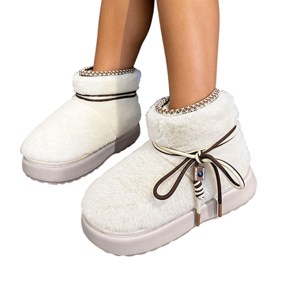 Shrysg Women's Fuzzy Lace-Up Platform Snow Boots Vintage Round Toe Warm Ankle Boots Comfortable Slip-On Short Boots for Fall Winter Daily Wear White