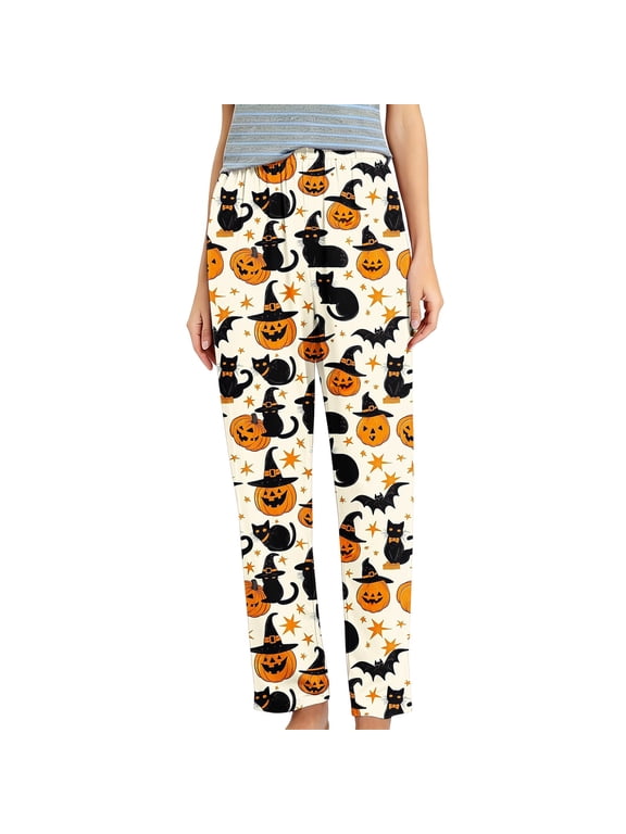Women's Halloween Pajama Pants Black Cat Witch Hat Pumpkin Print Sleep Pants Cute Kitty Bat Pajama Bottoms Multicolor